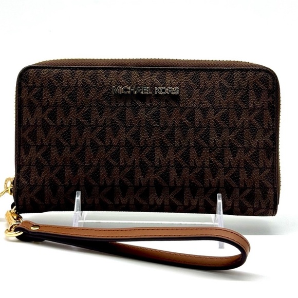 Michael Kors Large Jet Set Travel Flat Phone Case Wallet - Brown Signature - Picture 1 of 8